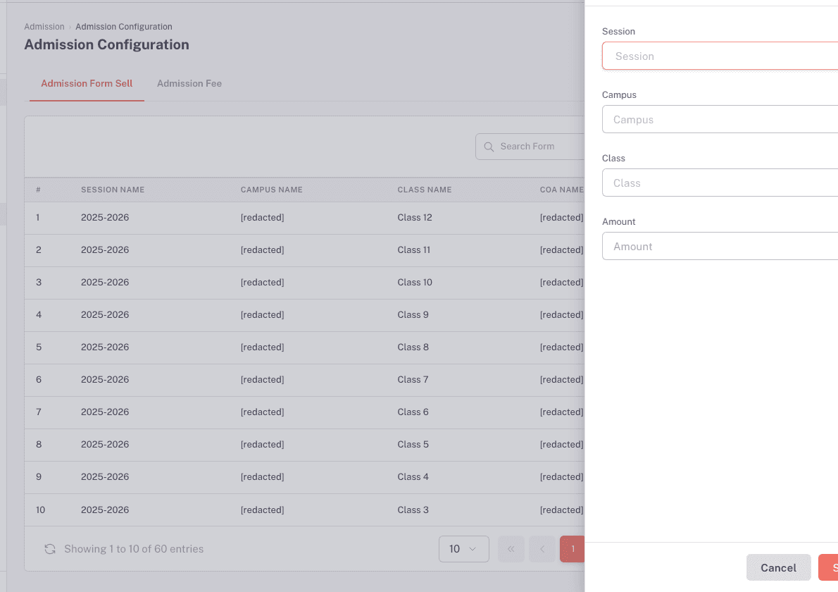 The Add New drawer with Session, Campus, Class, and Amount fields