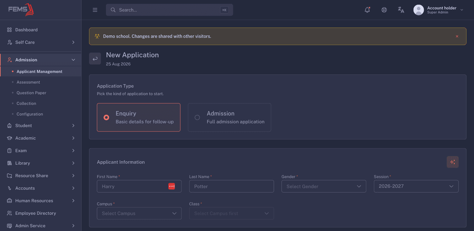 New enquiry form with the FEMS AI entry button and account identity masked
