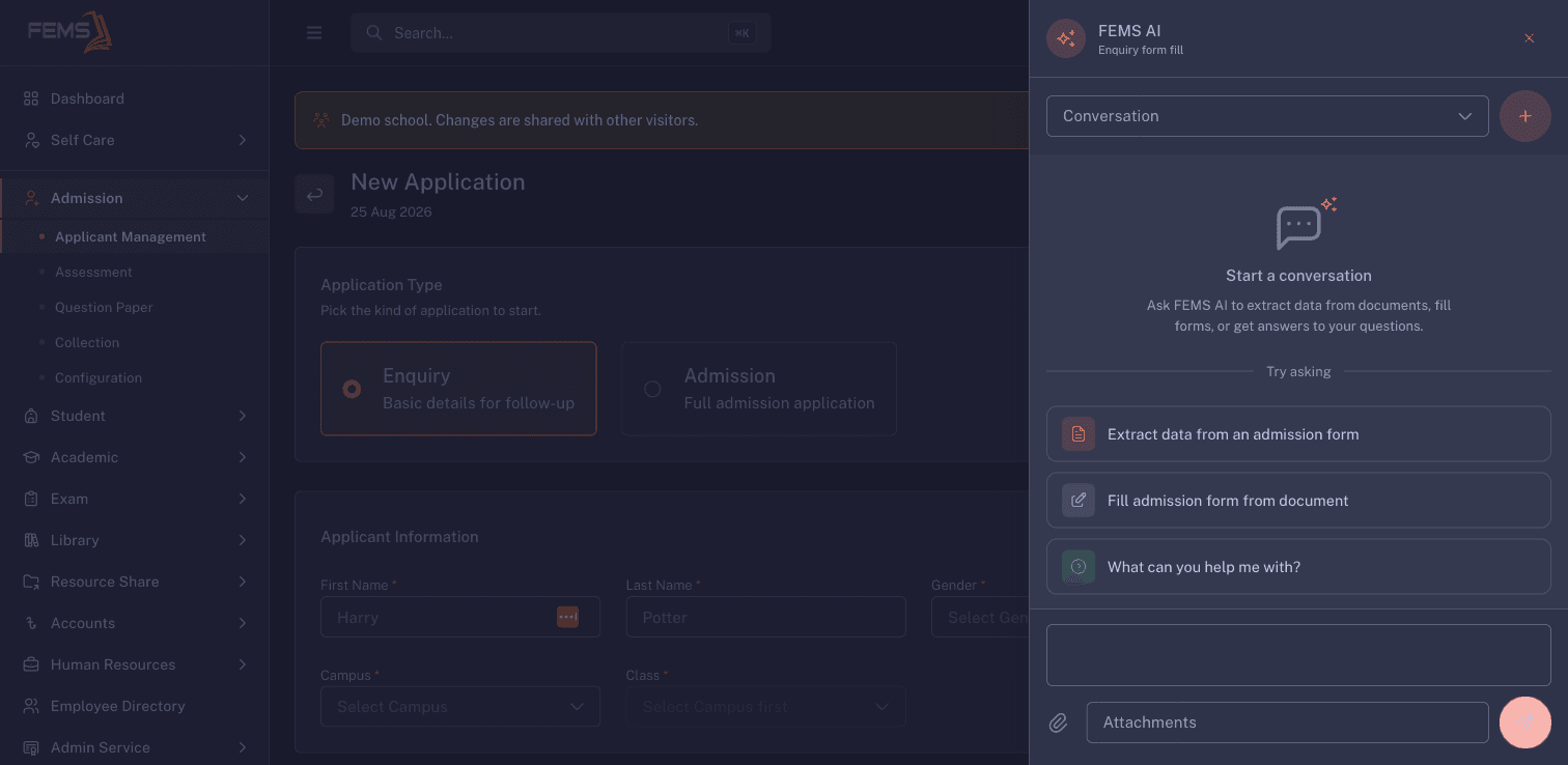 FEMS AI drawer beside a blank enquiry form