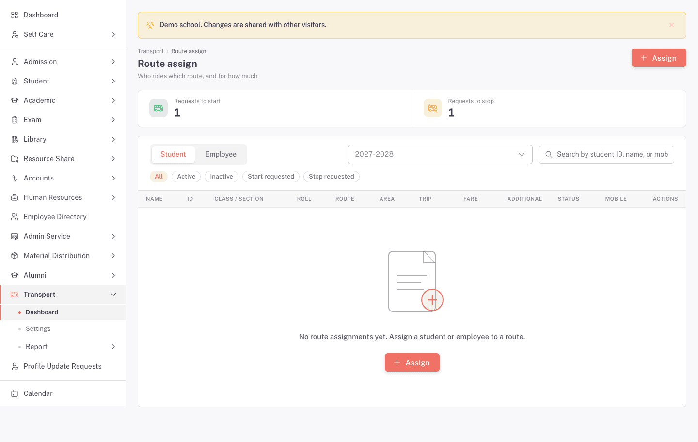 The Route assign list with Student and Employee tabs, status filters, and Assign button