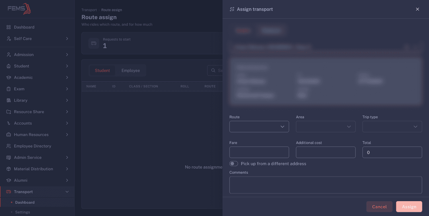 The route, area, trip type, fare, and additional cost fields with the demo identity blurred