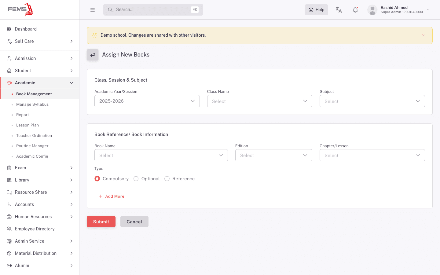The Assign New Books form showing the class and subject selectors, the book reference block, and the type options