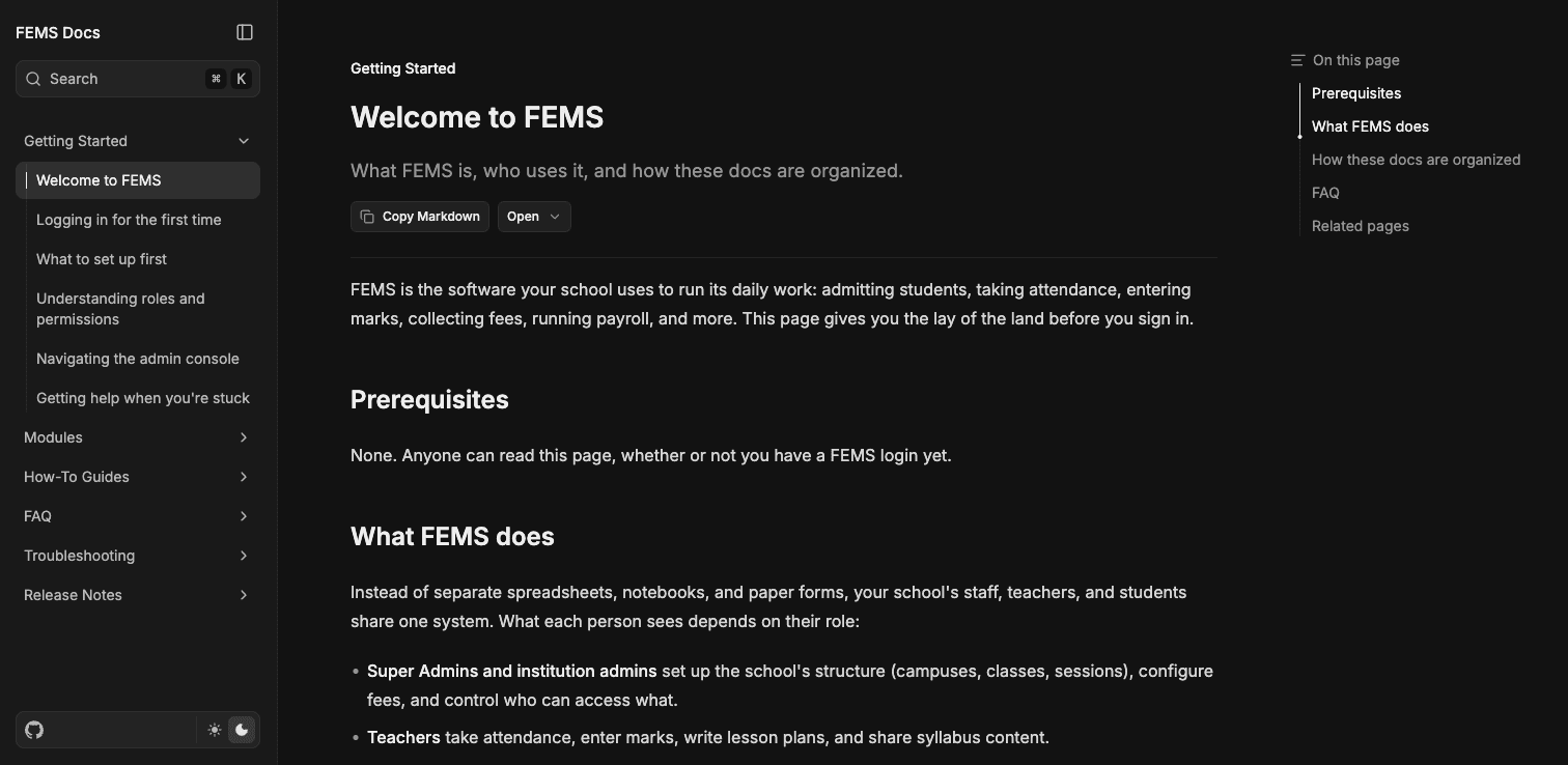 The public FEMS Knowledge Base with its documentation sections and page navigation