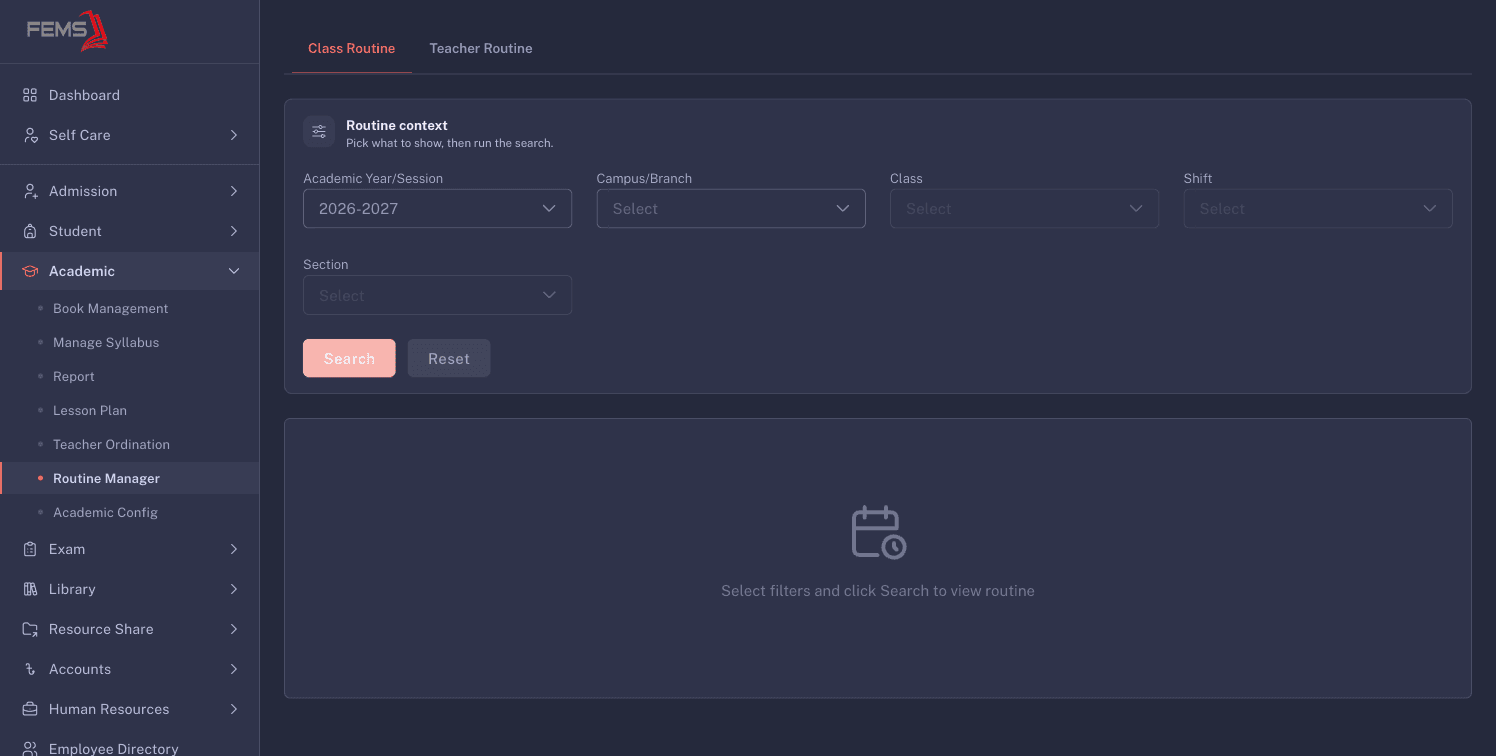 The Routine Manager filters with an empty routine area
