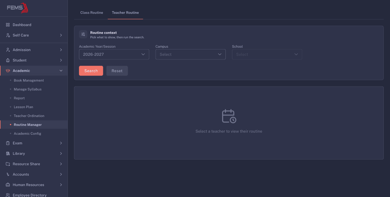 The Teacher Routine tab with its session, campus, school, and search controls