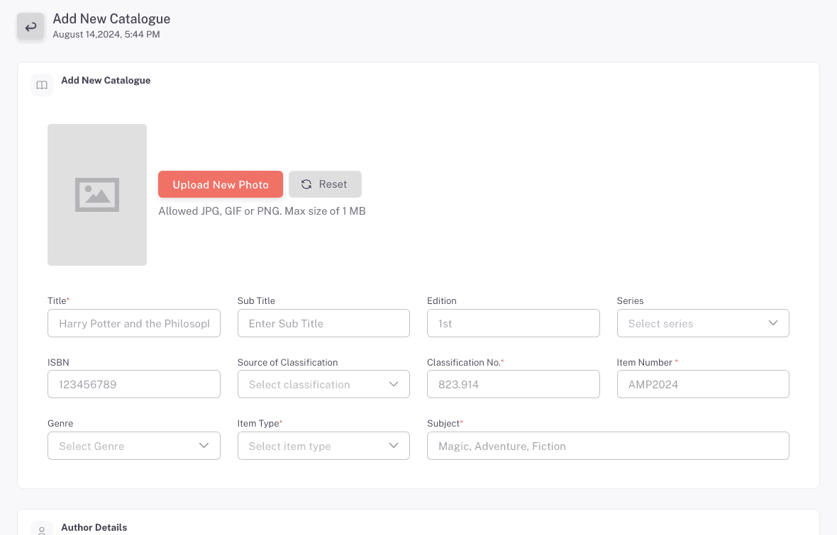 The Add New Catalogue form with its required fields