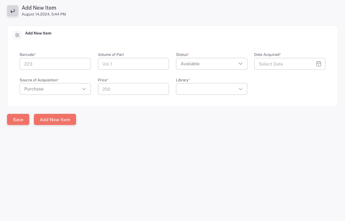 The Add New Item form with one copy block and its required fields