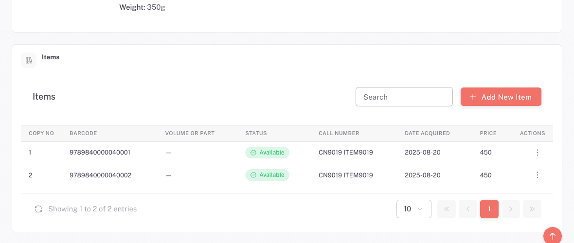 View Catalogue showing the Items table with Available status chips