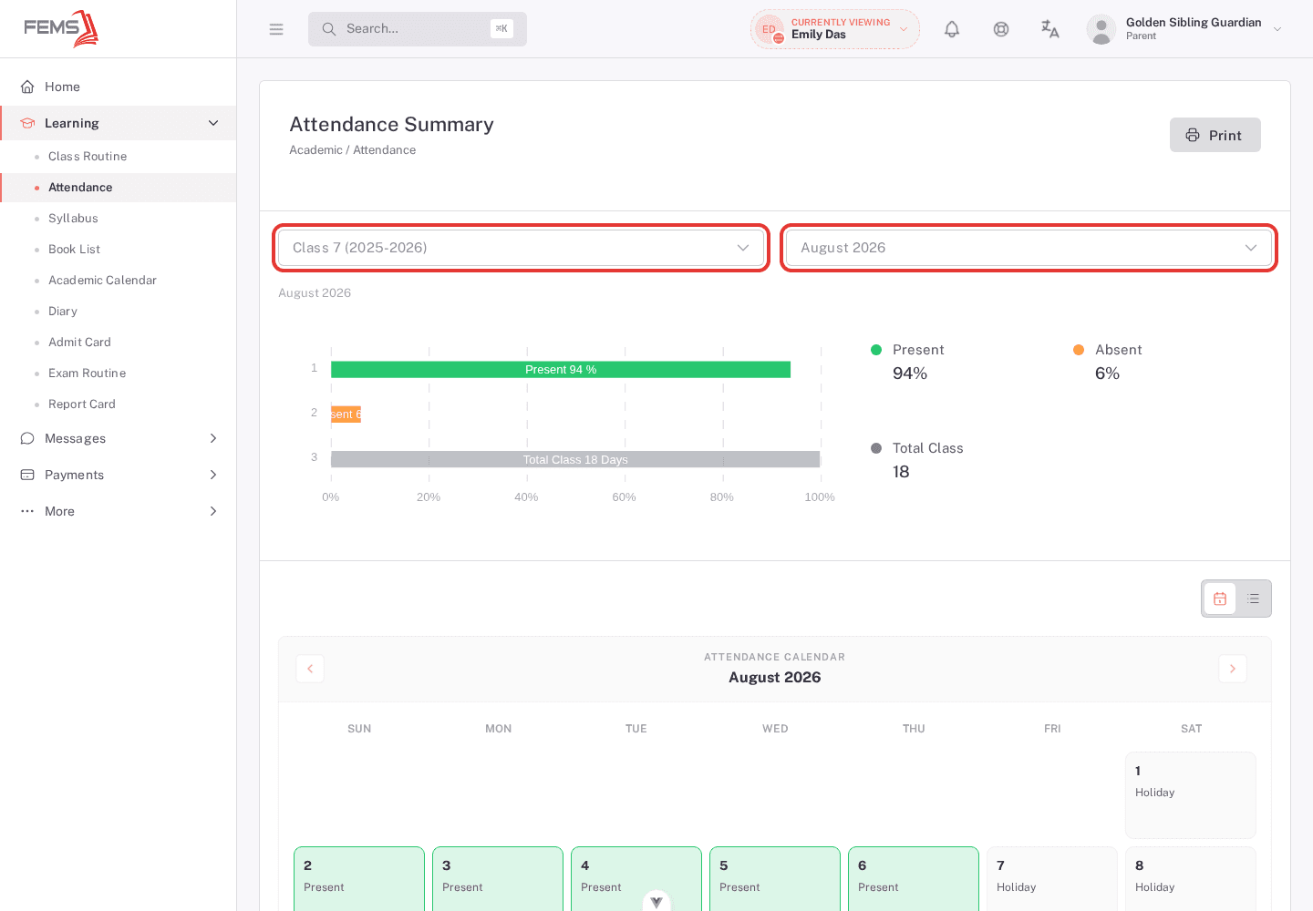 Attendance filters for academic session and month