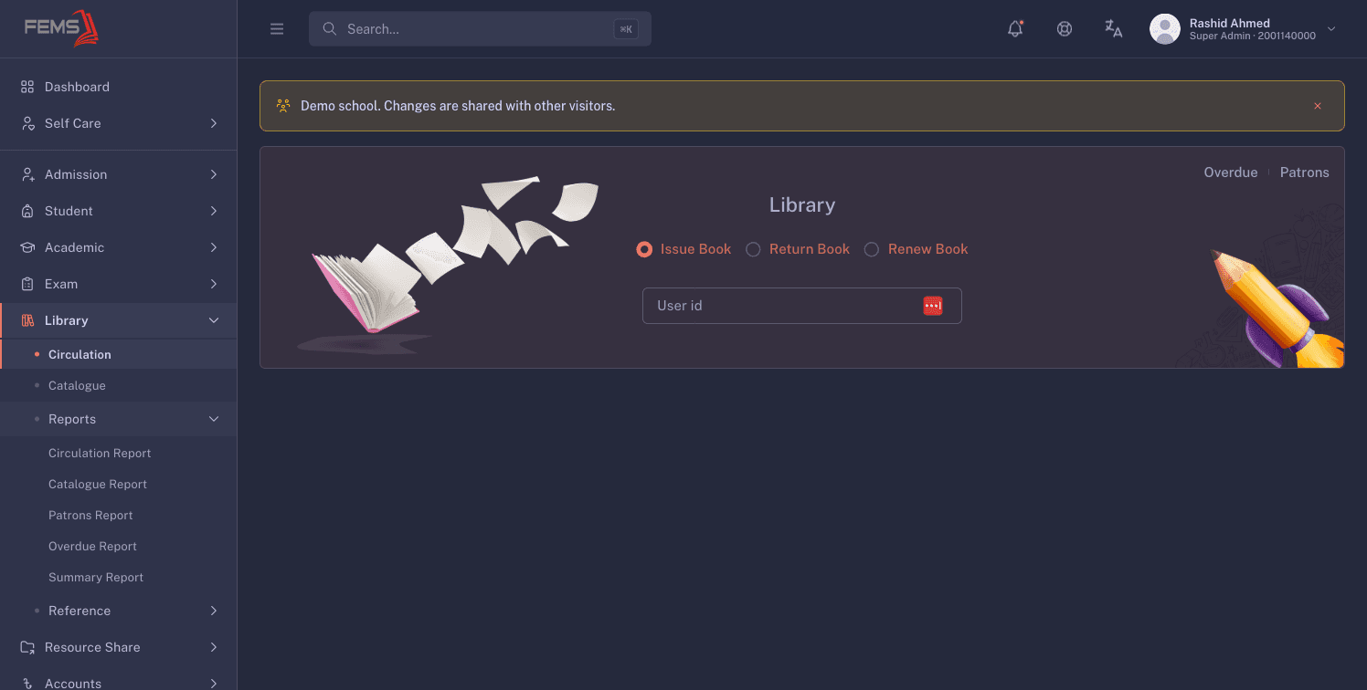 Issue Book selected with the User id field ready for a patron search