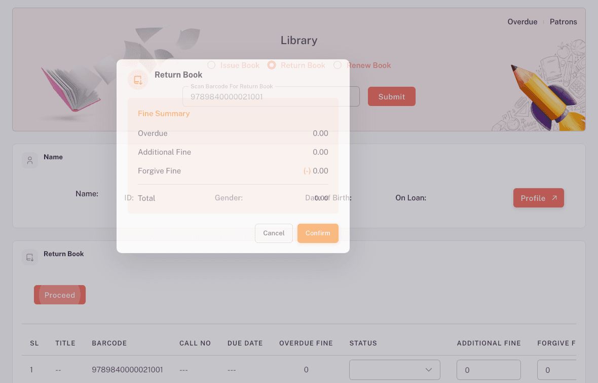 The Return Book Fine Summary with Overdue, Additional Fine, Forgive Fine, and Total