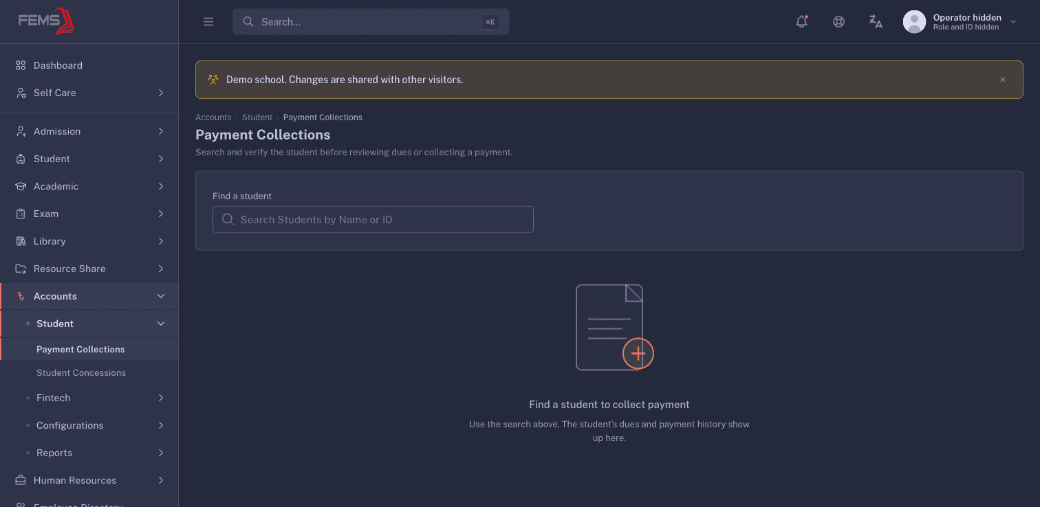 The Payment Collections page before a student is selected