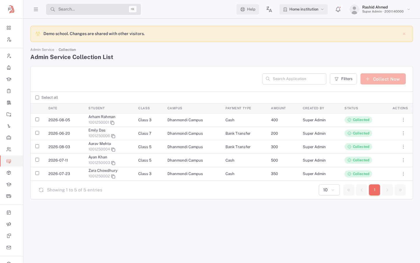 The Admin Service Collection List, showing 5 requests with a payment type, amount, and Collected status each