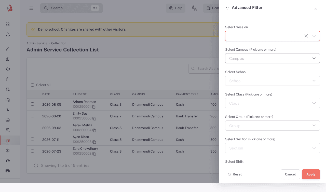 The Advanced Filter panel, with fields for Session, Campus, School, Class, Group, Section, Shift, and Status
