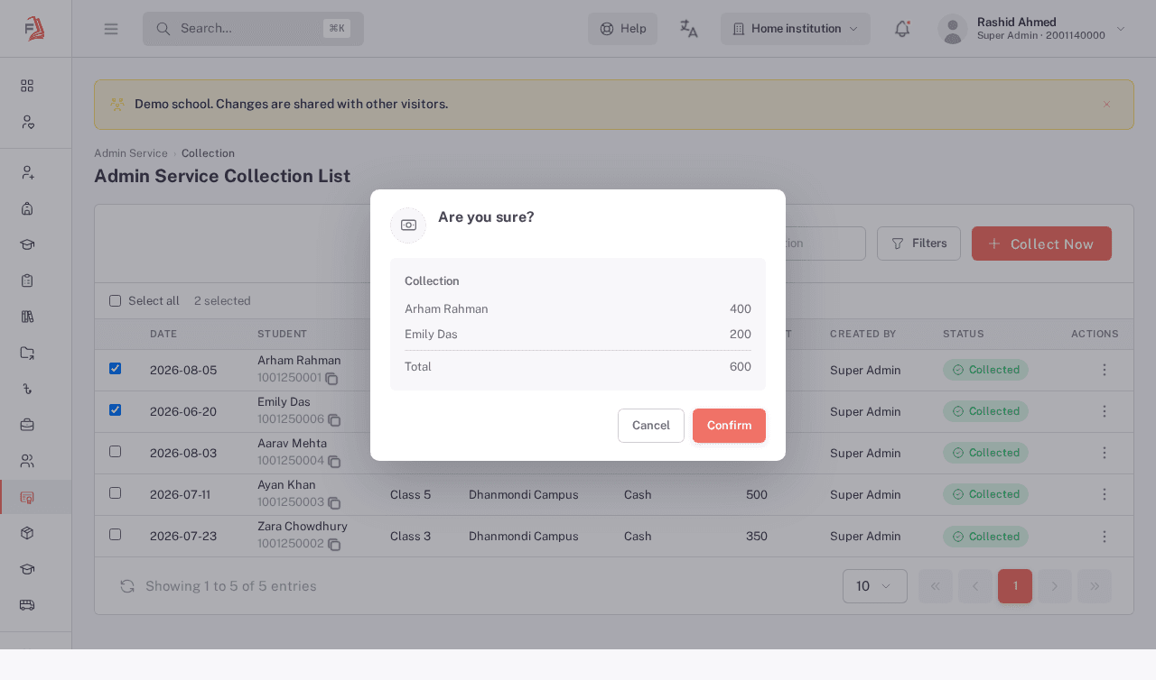 The "Are you sure?" confirmation dialog listing Arham Rahman (400) and Emily Das (200) with a Total of 600, and Cancel/Confirm buttons