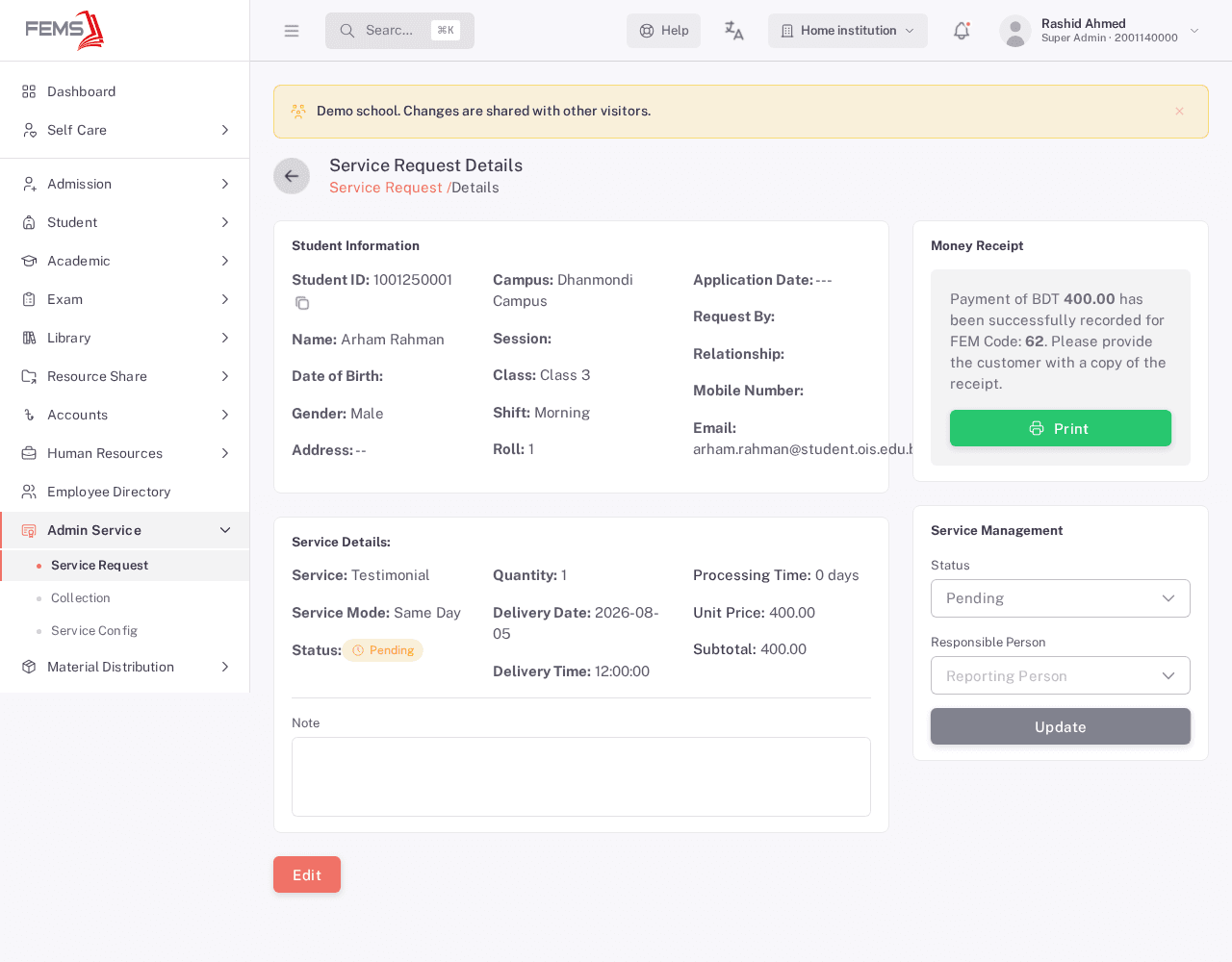 The Service Request Details page reached from the Collection list's View action, showing student information, service details, and a Money Receipt panel with a Print button