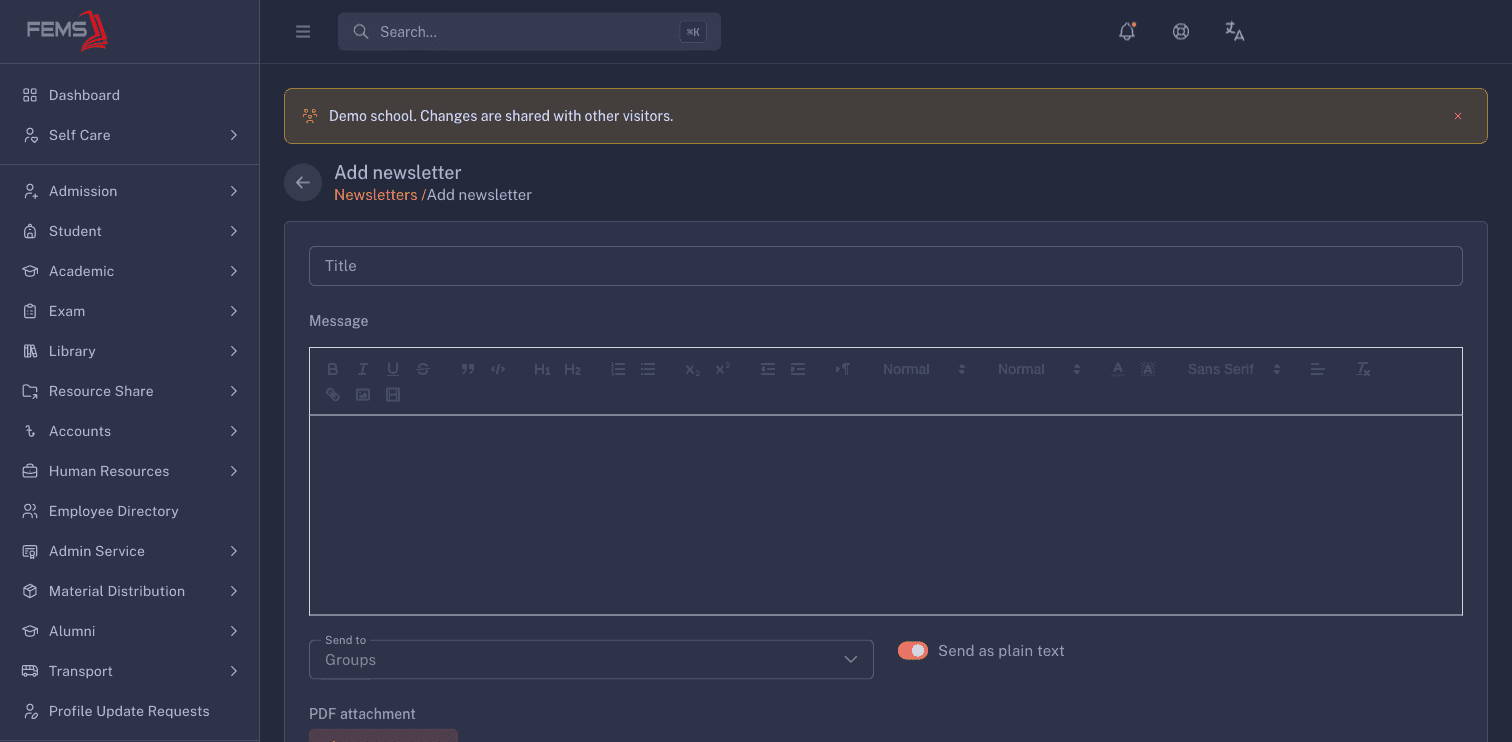 The newsletter composer before recipients or content are entered