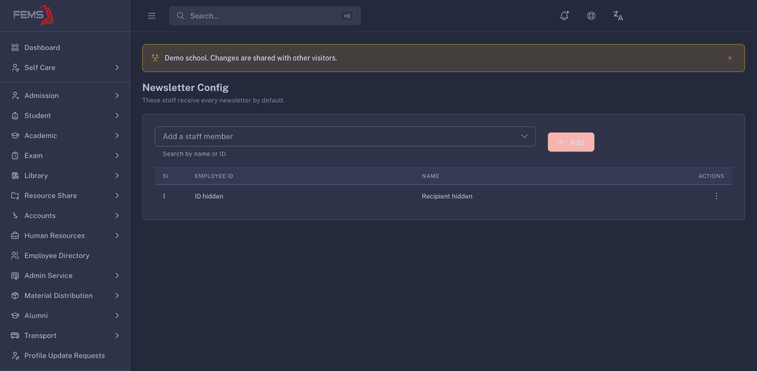 Newsletter Config with employee IDs and names hidden