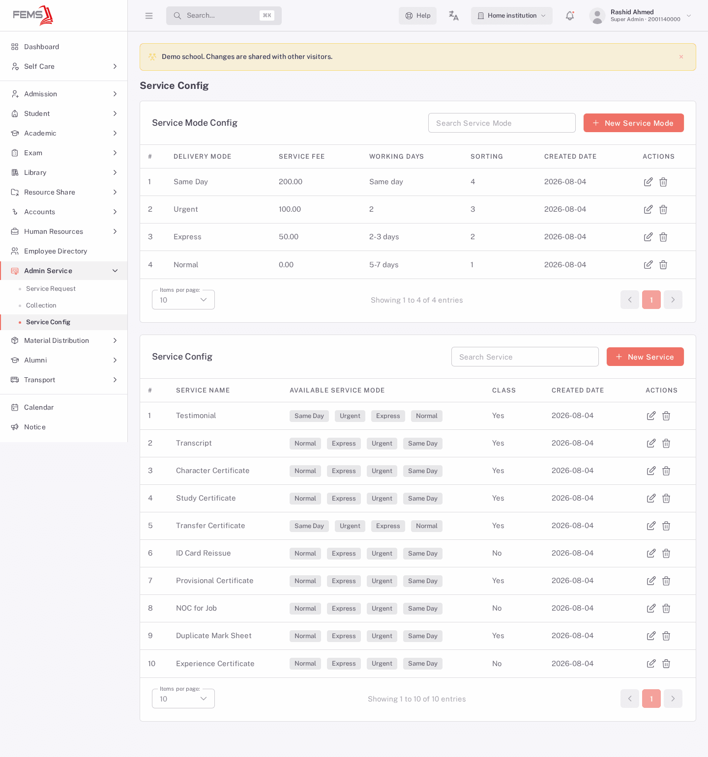 Service Mode Config and Service Config panels, both populated: four delivery modes (Same Day, Urgent, Express, Normal) and ten services (Testimonial, Transcript, Character Certificate, and others)