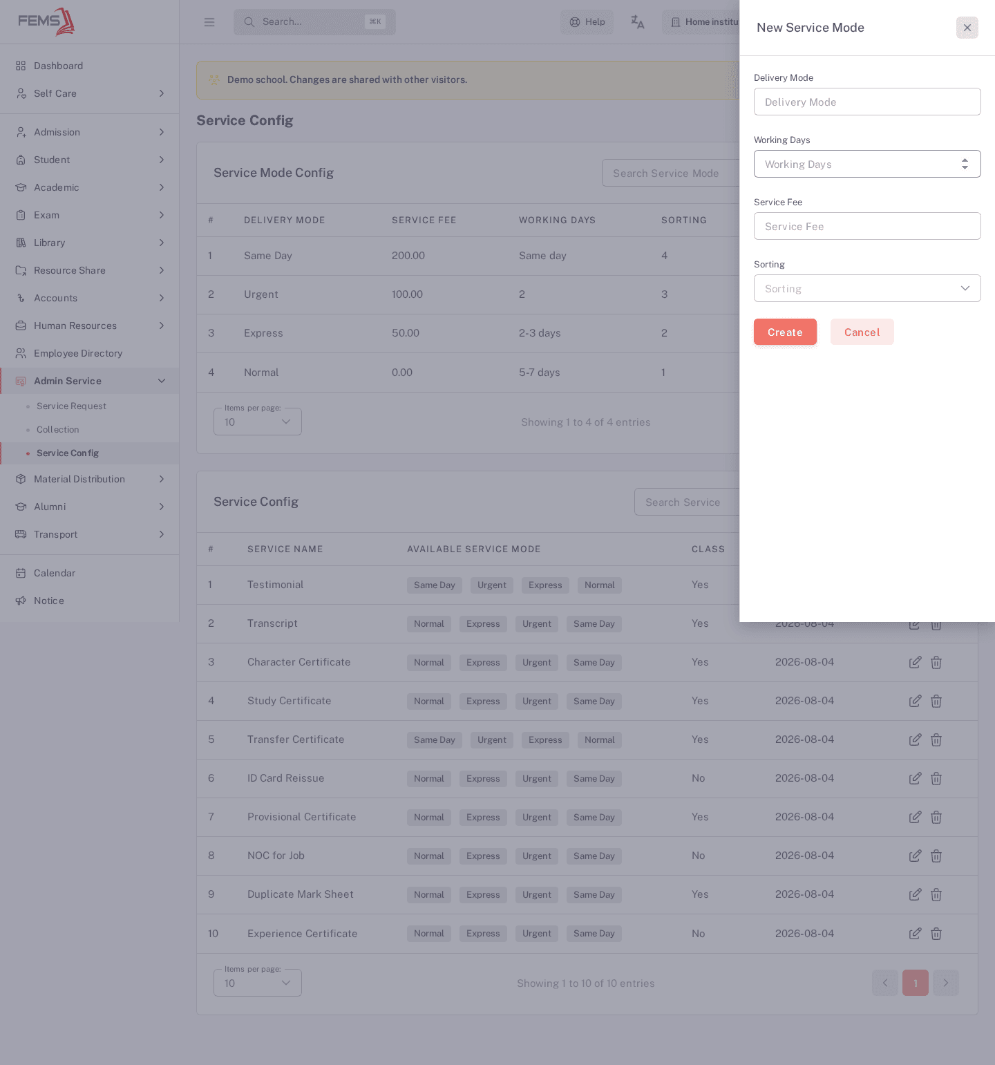 The New Service Mode drawer, empty, with Delivery Mode, Working Days, Service Fee, and Sorting fields