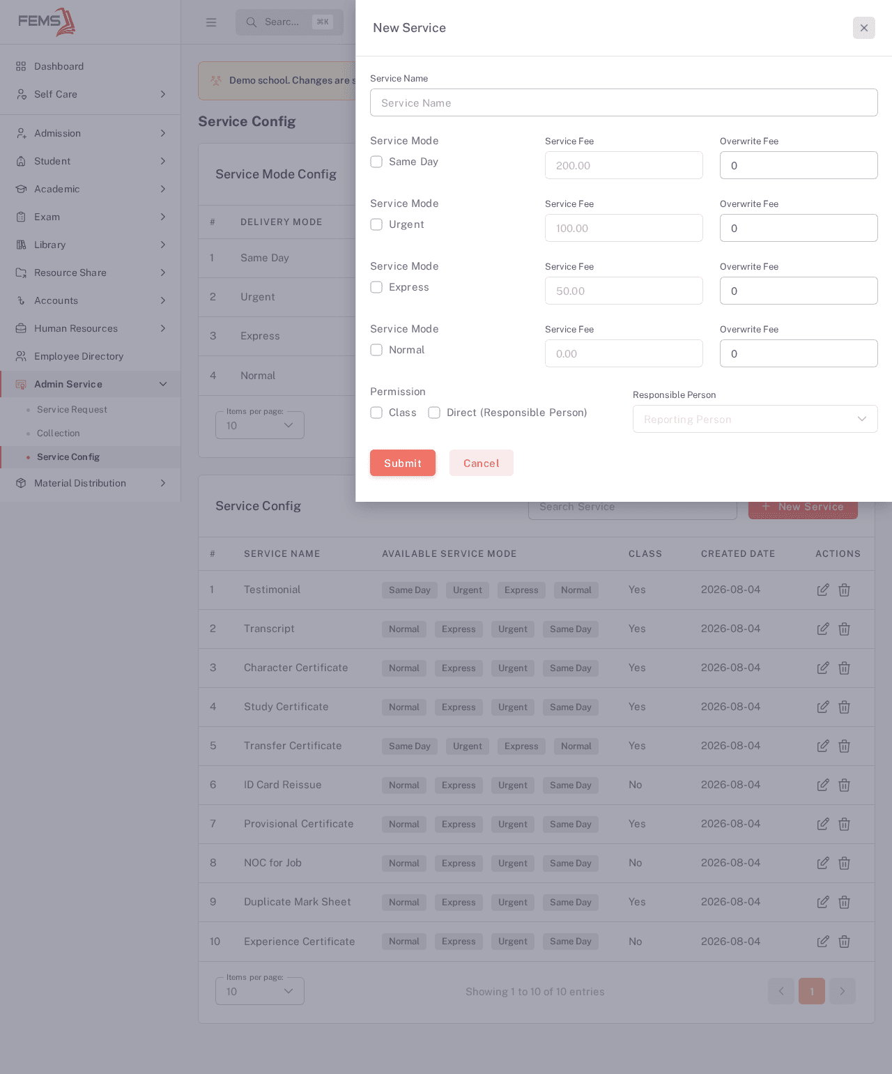 The New Service drawer, showing the Service Name field, a Service Mode checklist with Service Fee and Overwrite Fee per mode, and the Class/Direct permission options