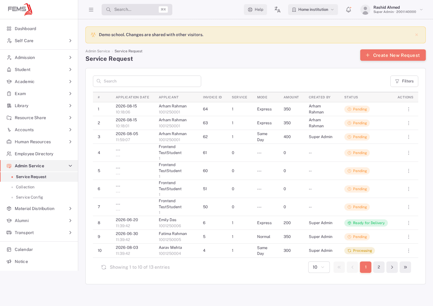 The Service Request list, showing 13 requests with a mix of Pending, Processing, and Ready for Delivery statuses