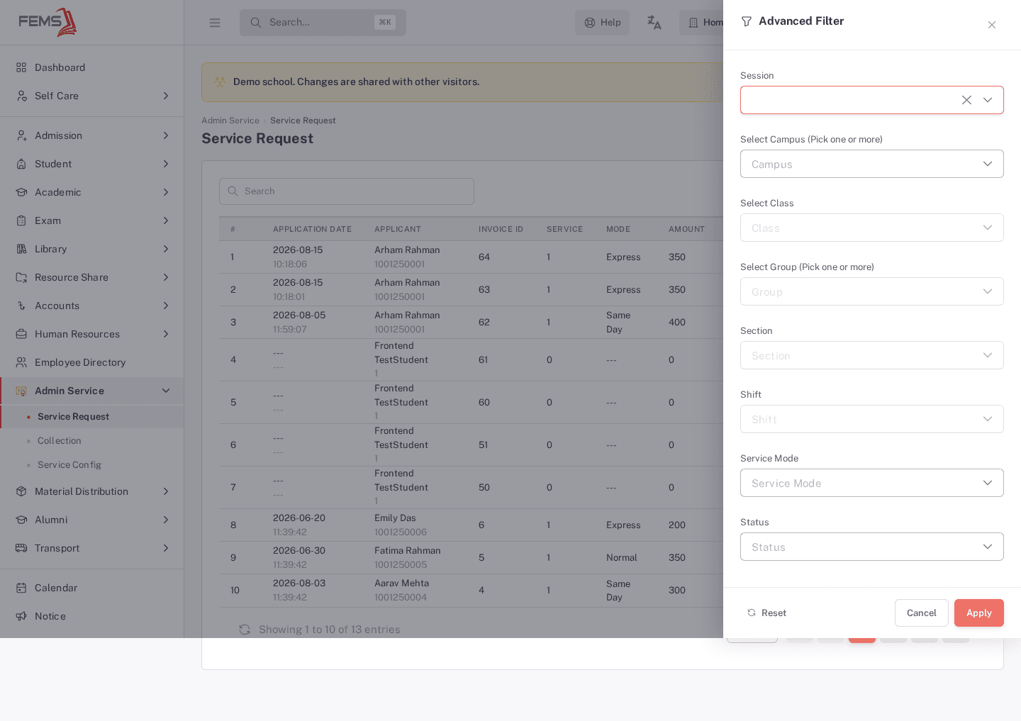 The Filters panel, with fields for Session, Campus, Class, Group, Section, Shift, Service Mode, and Status