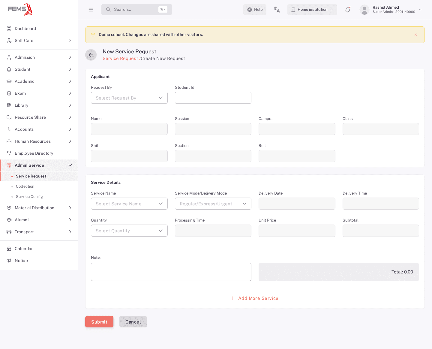 The empty Create New Request form: Request By, Student Id, and empty Service Details