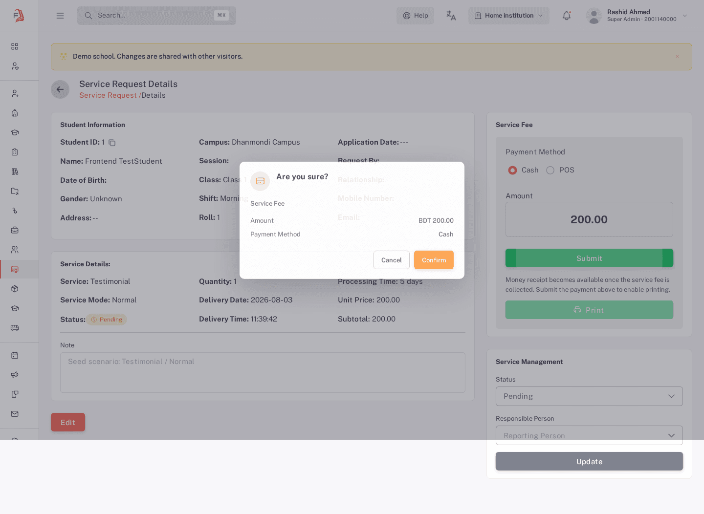 The payment confirmation dialog, showing Service Fee, Amount (BDT 200.00), and Payment Method (Cash), with Cancel and Confirm buttons