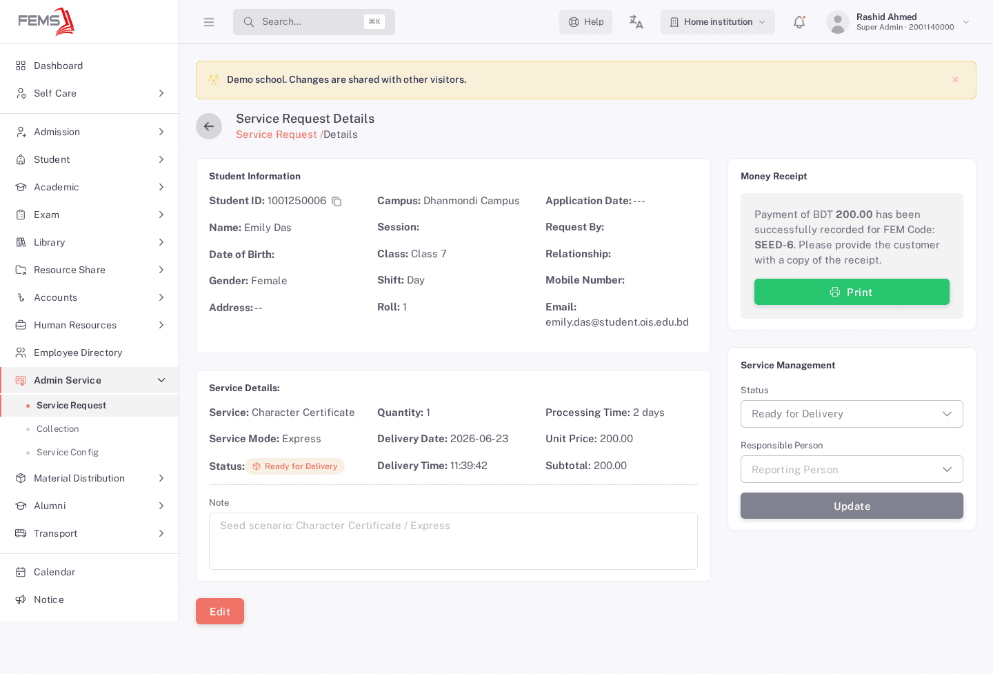 An already-paid request's Money Receipt panel confirming the payment, alongside the Service Management status dropdown set to Ready for Delivery