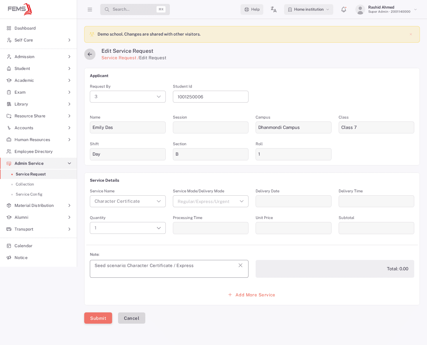 The Edit Service Request form, pre-filled with an existing request's Character Certificate service line