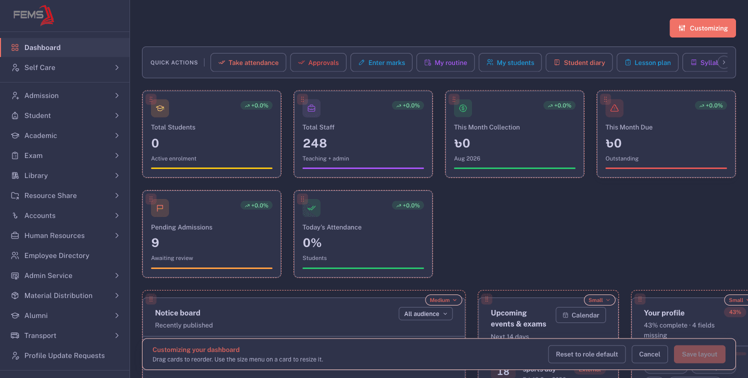 The dashboard in customization mode with draggable cards and the save bar