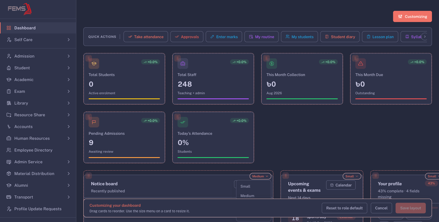 A dashboard card's size menu with Small, Medium, Large, and Full width options