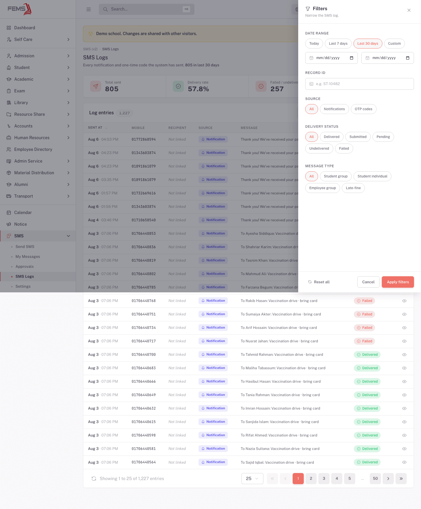 Filters drawer open, showing Date range, Record ID, Source (All / Notifications / OTP codes), Delivery status, and Message type controls