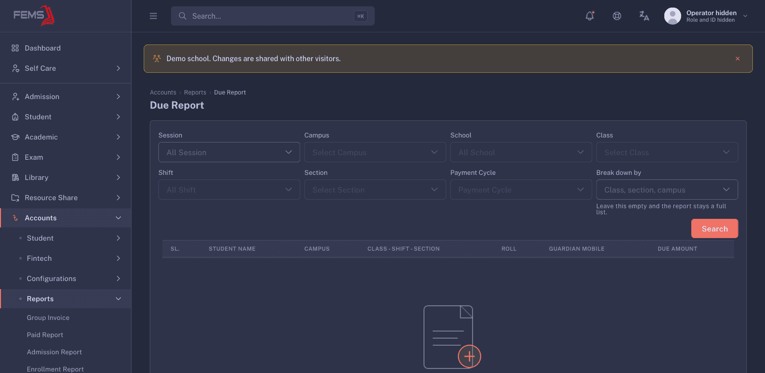 The Due Report filters before a report is loaded