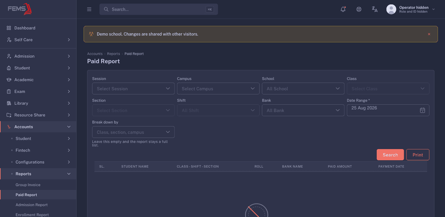 The Paid Report filters and empty result for the current date
