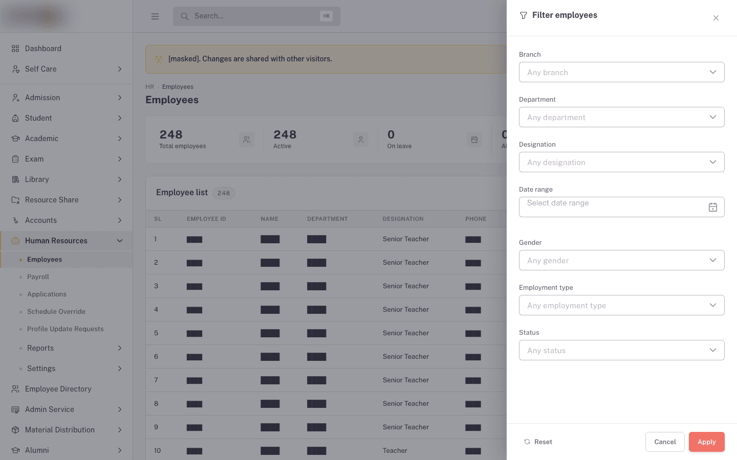 Filter employees panel expanded with seven fields including a single Date Range control
