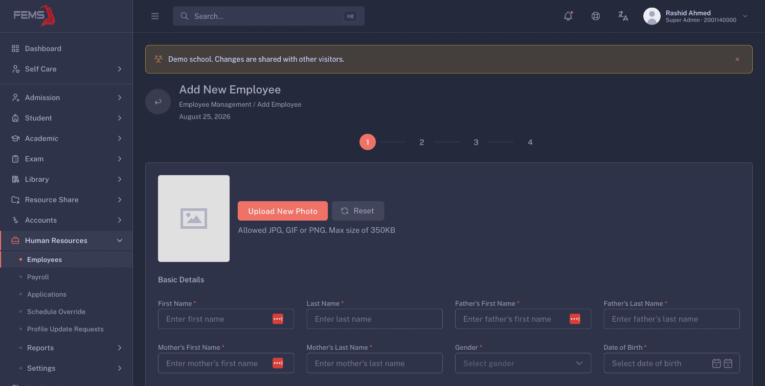 Add New Employee step 1 with the four-step indicator, photo area, and Basic Details fields