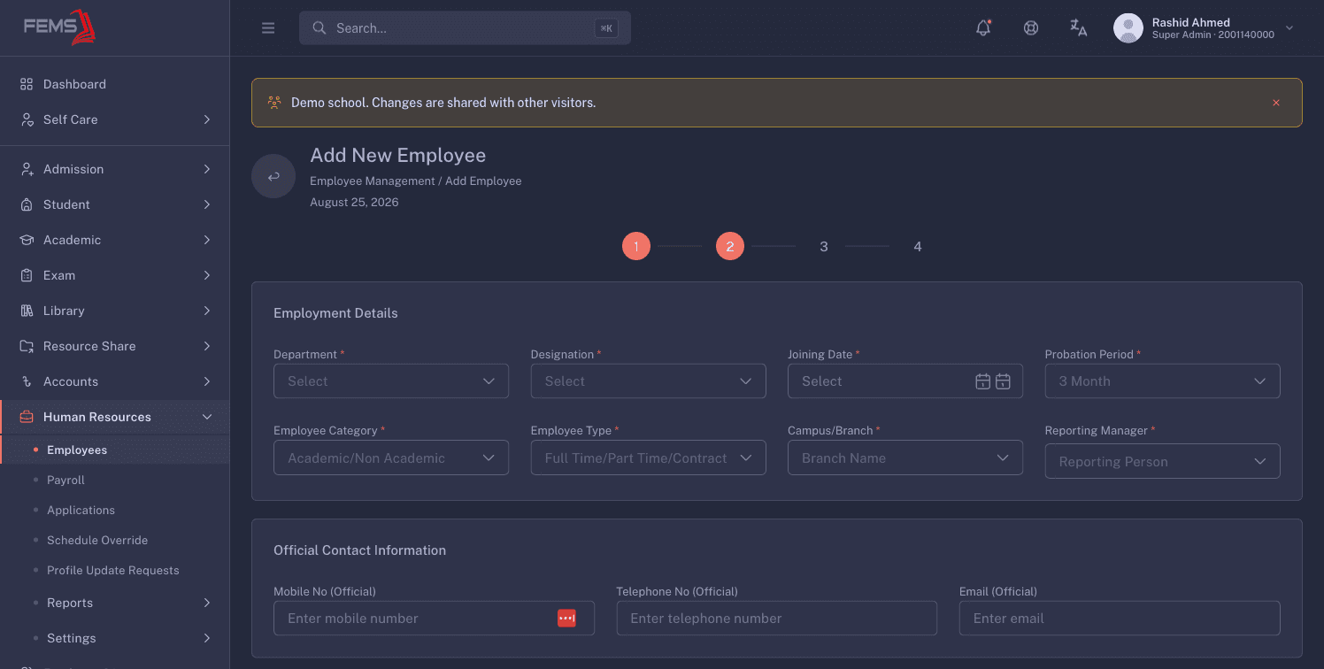 Add New Employee step 2 with Employment Details and Official Contact Information