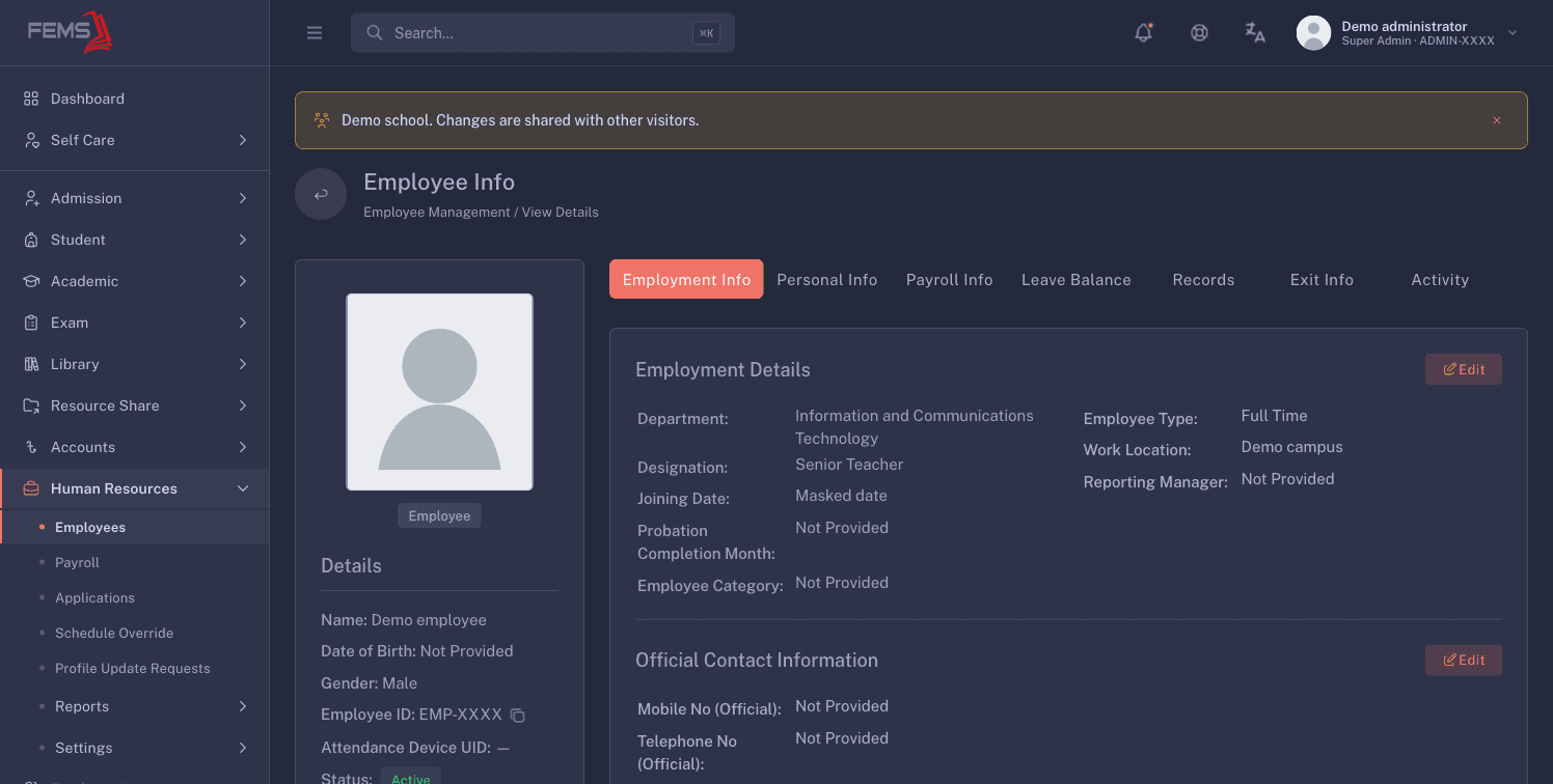 An employee record with the Employment Info tab selected and identifying details masked