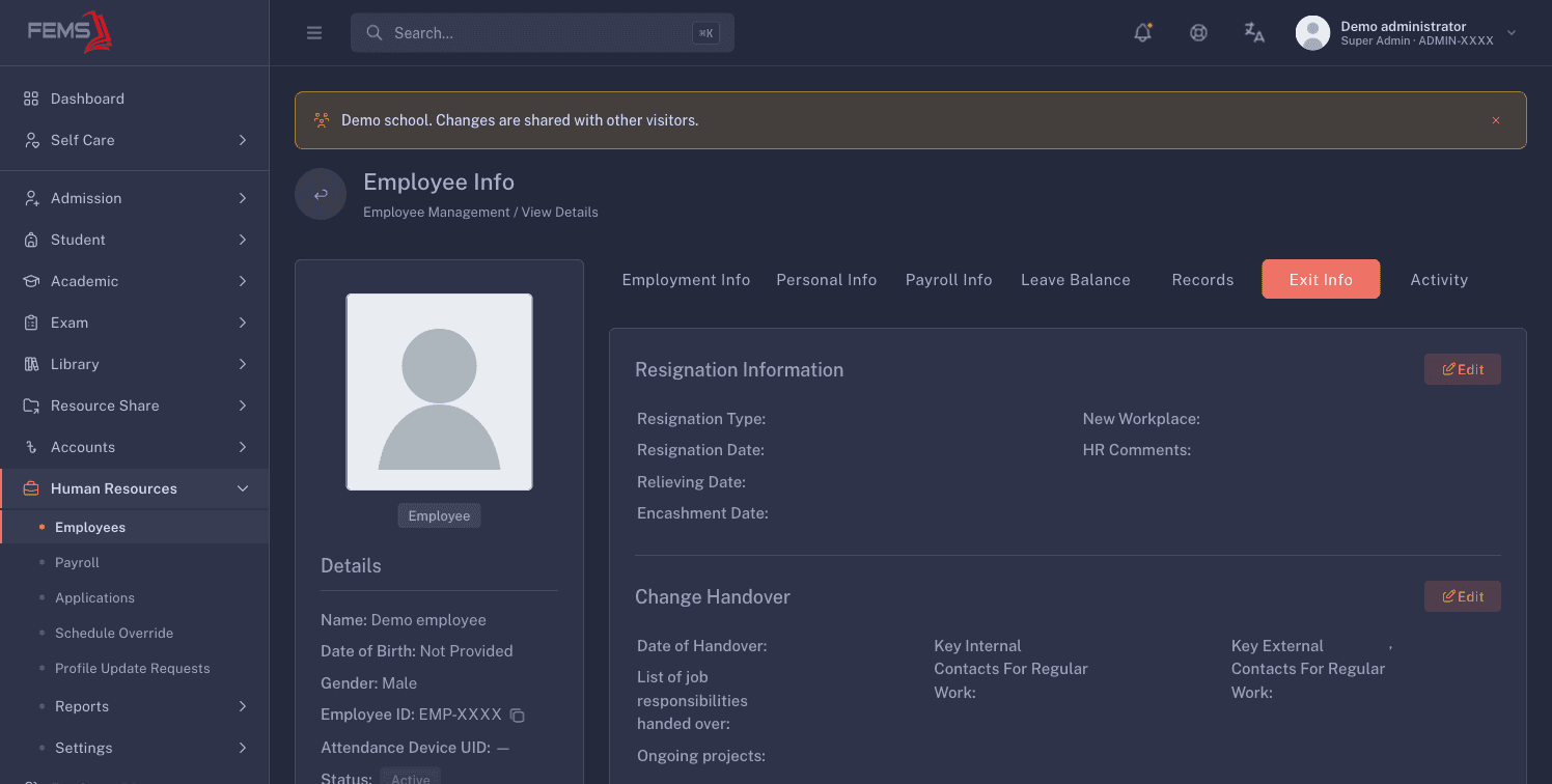 The Exit Info tab showing resignation, handover, clearance, and feedback sections with identifying details masked