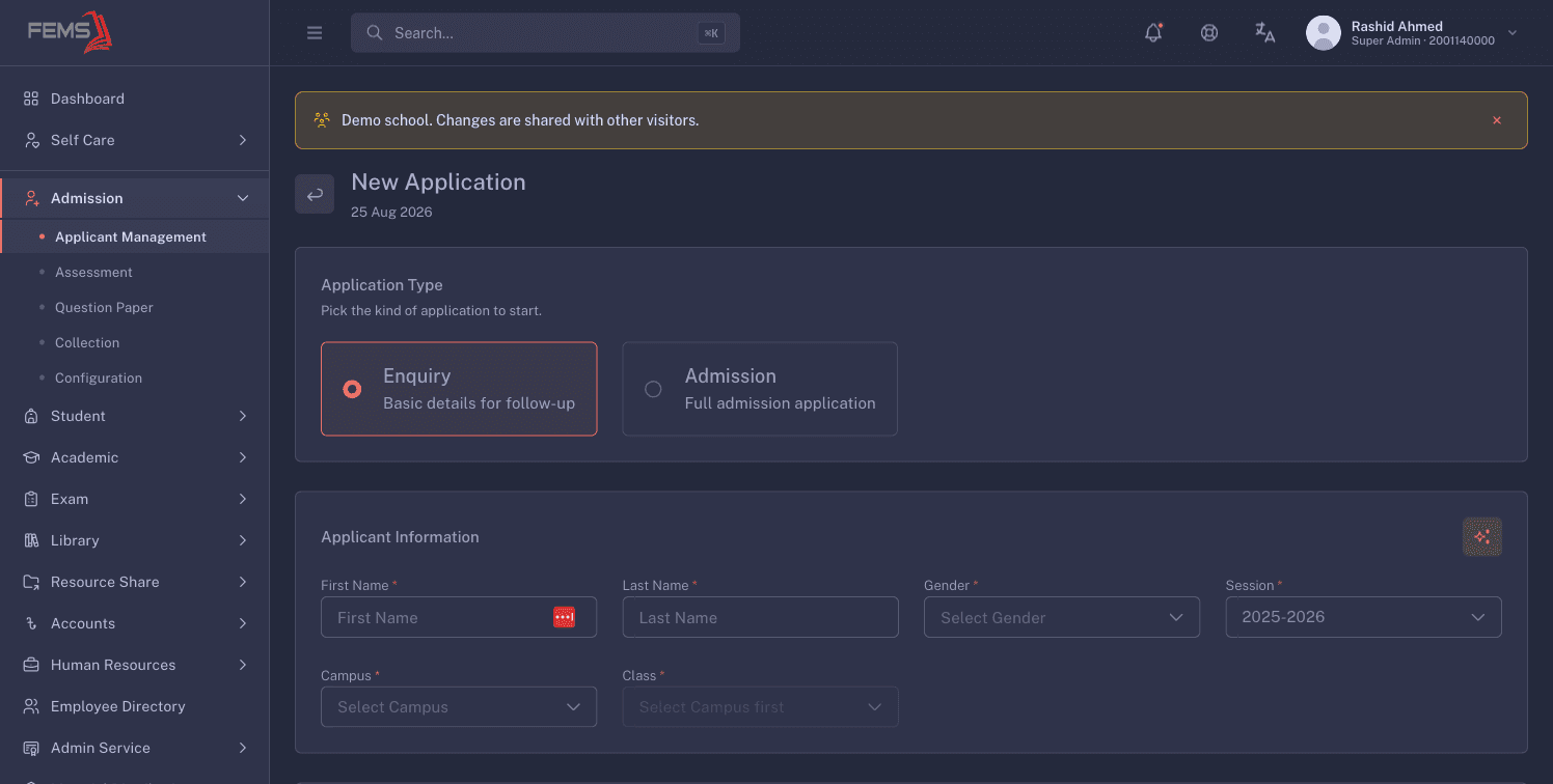 The New Application page with Enquiry and Admission choices