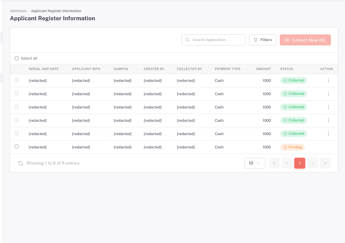 The Collection screen showing pending and collected form payments