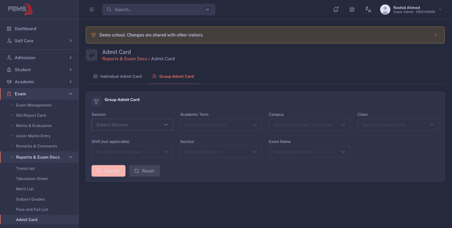 The Group Admit Card tab with every filter filled and the message that the distribution date is closed