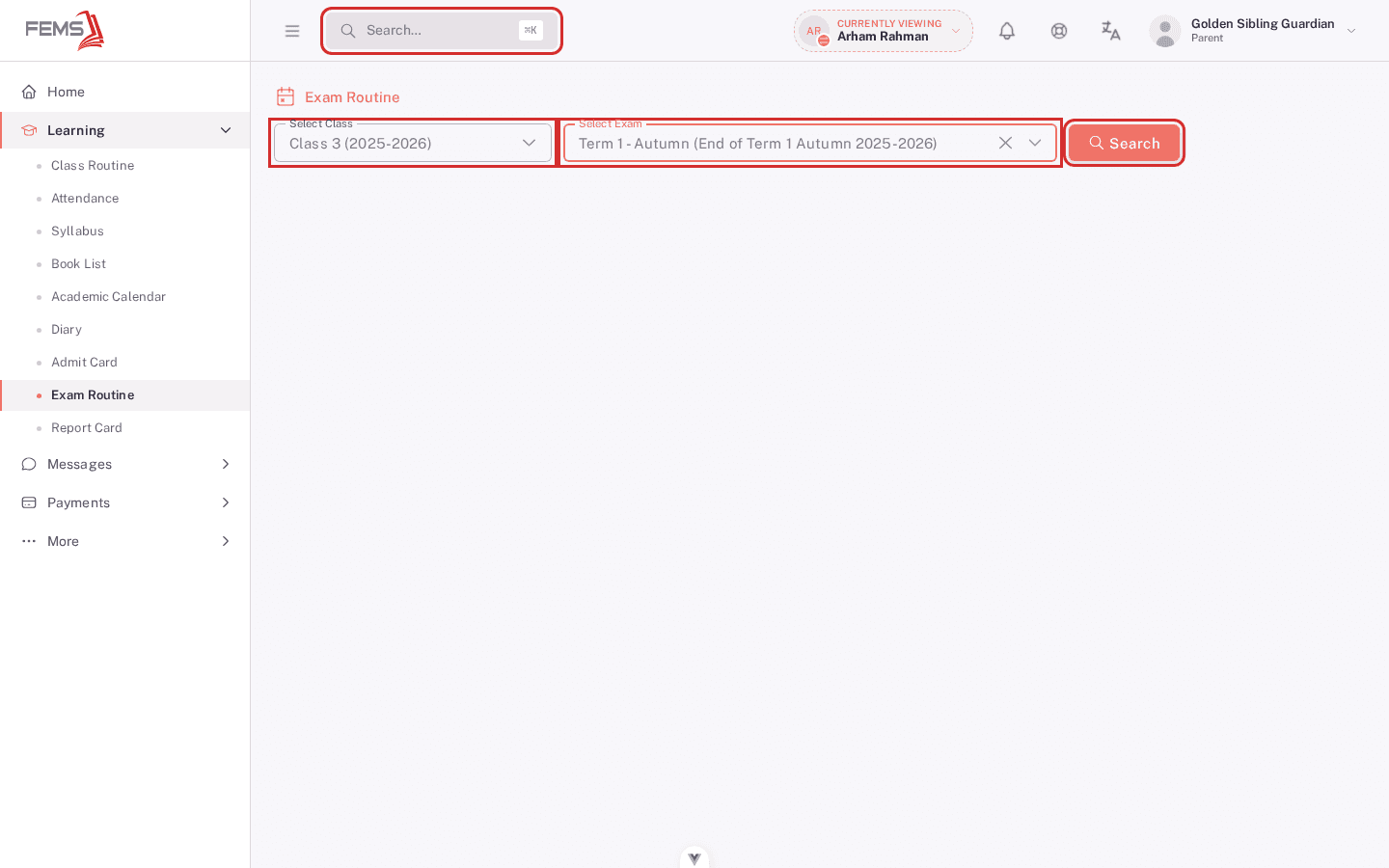 Exam Routine class and exam selections highlighted before searching