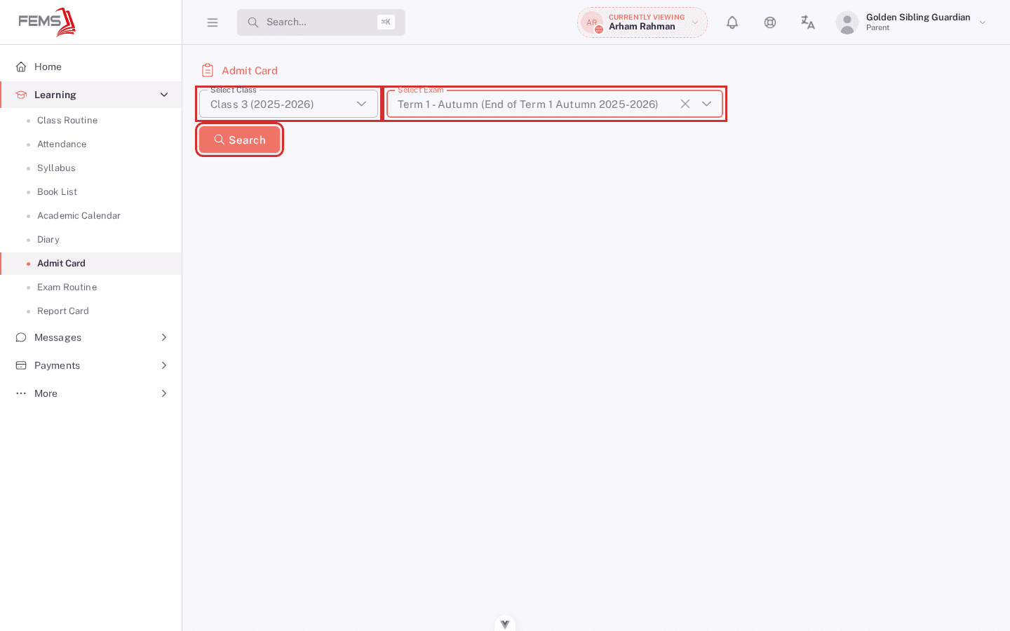 Admit Card class and exam selections highlighted before searching