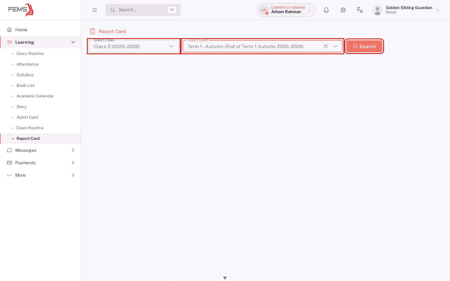 Report Card class and exam selections highlighted before searching