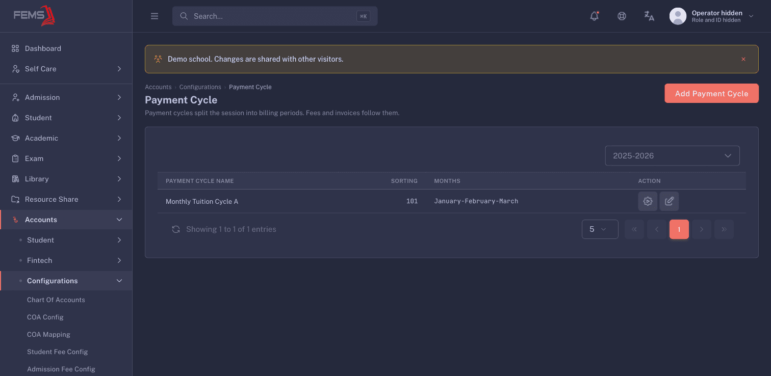 The Payment Cycle list for the selected session