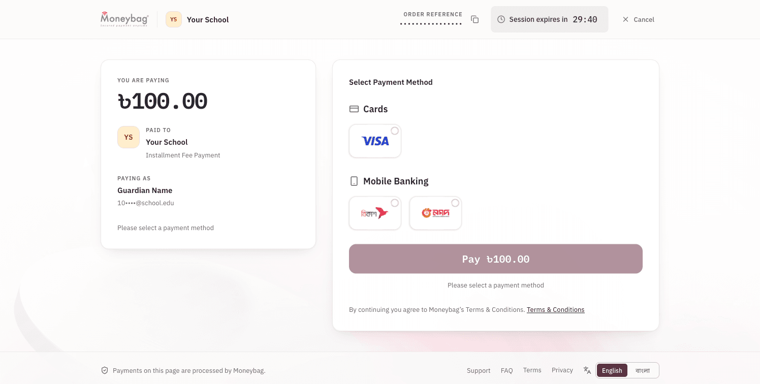 Moneybag checkout page showing the amount and payment method options