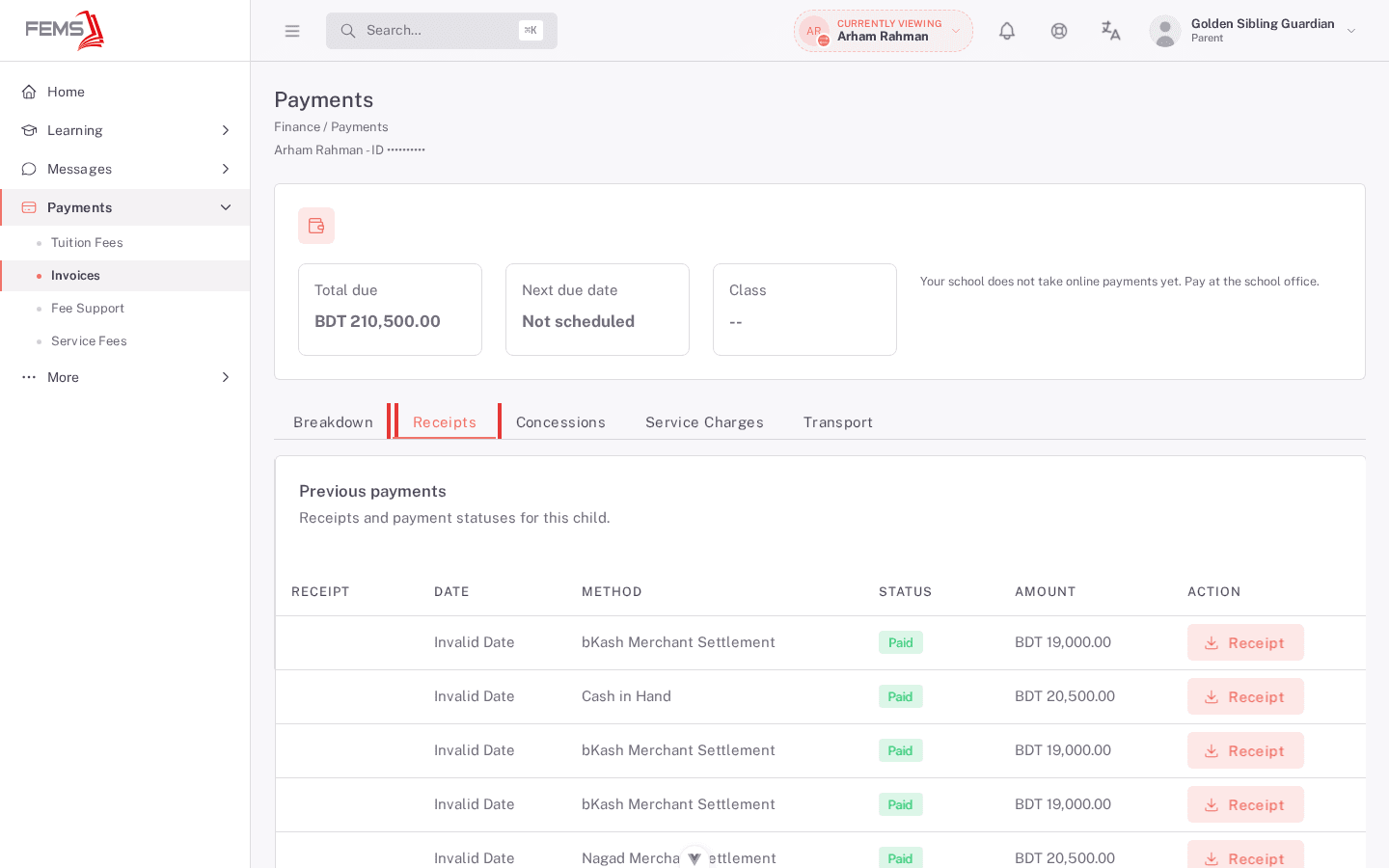 Receipts tab showing completed student payments